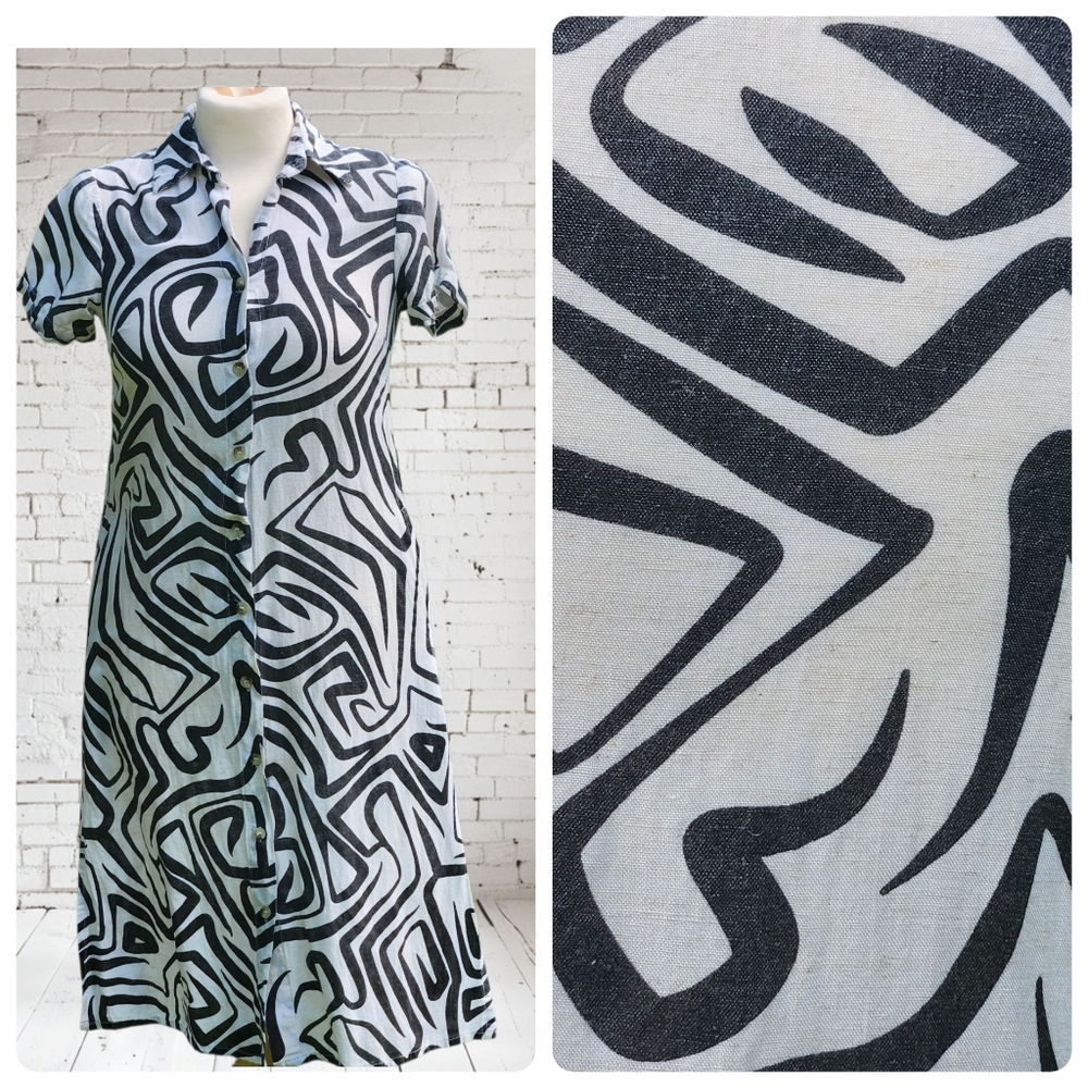 Women's Sz Small Dress Cotton Flax Abstract Maxi Artsy Lagenlook Art - Picture 2 of 10